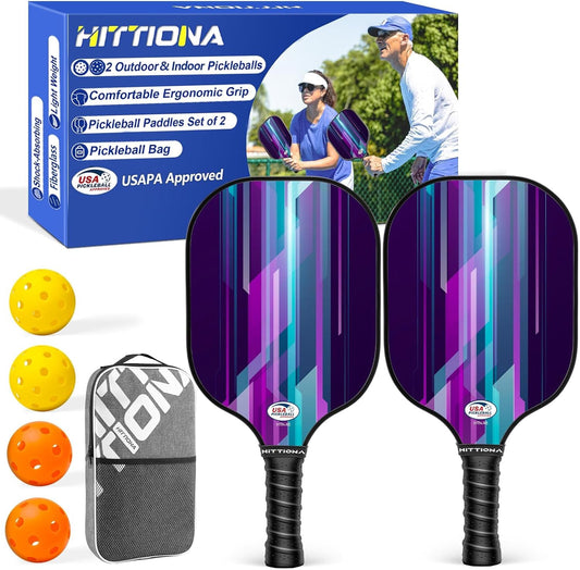 HITTIONA Pickleball Paddles - Fiberglass Pickleball Paddles Set of 2, USAPA Approved Pickle Ball Rackets 2 Pack with 4 Pickleball Balls, 1 Pickleball Bag, Paddles Ball Set for Beginners