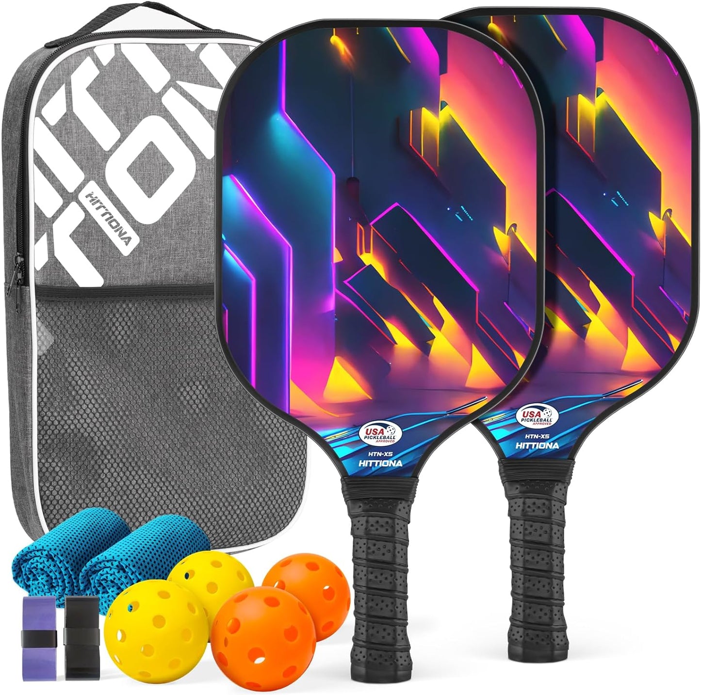 HITTIONA Pickleball Paddles - Fiberglass Pickleball Paddles Set of 2, USAPA Approved Pickle Ball Rackets 2 Pack with 4 Pickleball Balls, 1 Pickleball Bag, Paddles Ball Set for Beginners