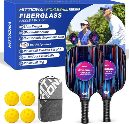 HITTIONA Pickleball Paddles - Fiberglass Pickleball Paddles Set of 2, USAPA Approved Pickle Ball Rackets 2 Pack with 4 Pickleball Balls, 1 Pickleball Bag, Paddles Ball Set for Beginners