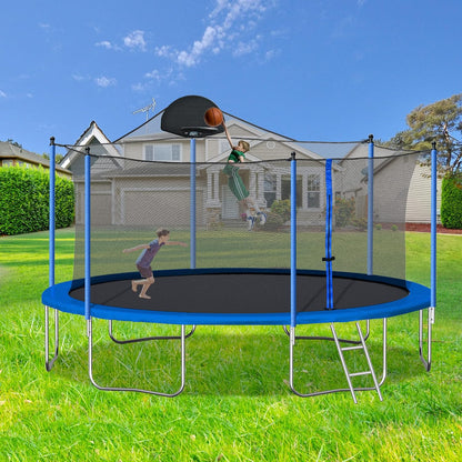 Trampoline for Kids and Adults - 14FT Trampoline with Basketball Hoop, Safety Enclosure Net, Trampoline ASTM Approved, Trampoline Outdoor with Heavy Duty Jumping Mat Spring Cover Padding, Ladder