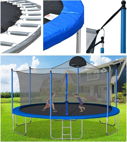 Trampoline for Kids and Adults - 14FT Trampoline with Basketball Hoop, Safety Enclosure Net, Trampoline ASTM Approved, Trampoline Outdoor with Heavy Duty Jumping Mat Spring Cover Padding, Ladder