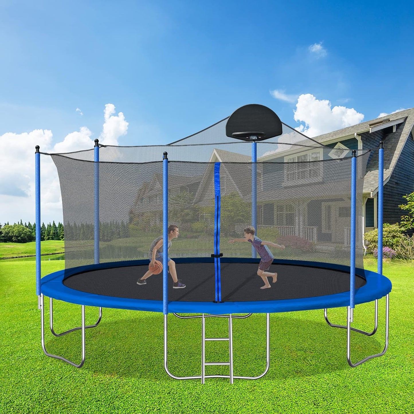 Trampoline for Kids and Adults - 14FT Trampoline with Basketball Hoop, Safety Enclosure Net, Trampoline ASTM Approved, Trampoline Outdoor with Heavy Duty Jumping Mat Spring Cover Padding, Ladder