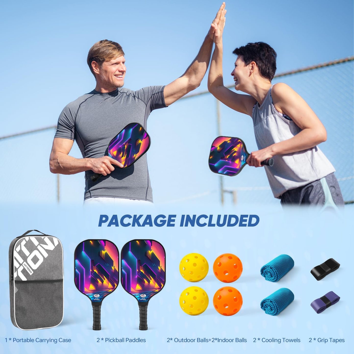 HITTIONA Pickleball Paddles - Fiberglass Pickleball Paddles Set of 2, USAPA Approved Pickle Ball Rackets 2 Pack with 4 Pickleball Balls, 1 Pickleball Bag, Paddles Ball Set for Beginners