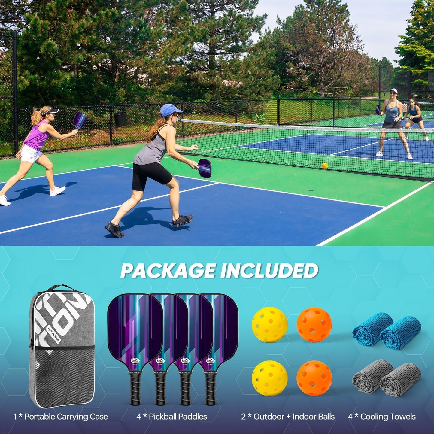 Pickleball Paddles - Fiberglass Pickleball Paddles Set of 2, USAPA Approved Pickle Ball Rackets 2 Pack with 4 Pickleball Balls, 1 Pickleball Net Bag, Paddles Ball Set for Beginners